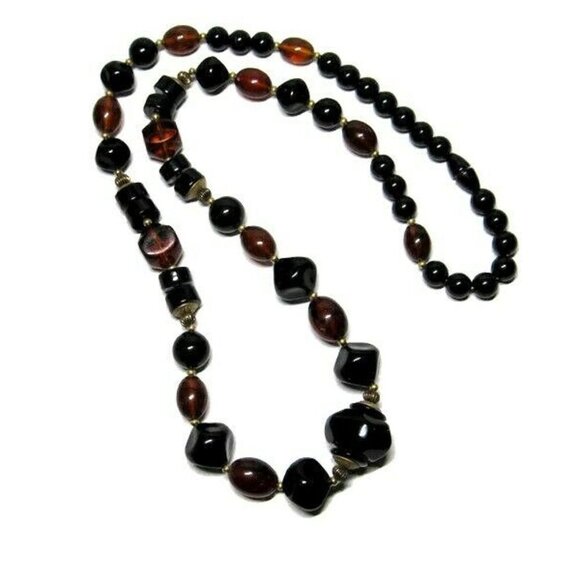 Vintage Plastic Resin Bead Necklace Brown Metal Brass - Picture 3 of 6